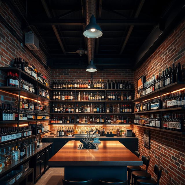 A compact bar warehouse with an industrial vibe, featuring exposed brick walls and metal beams