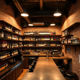A compact bar warehouse with an industrial vibe, featuring exposed brick walls and metal beams