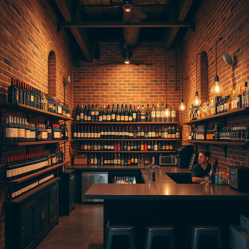 A compact bar warehouse with an industrial vibe, featuring exposed brick walls and metal beams