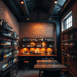 A compact bar warehouse with an industrial vibe, featuring exposed brick walls and metal beams