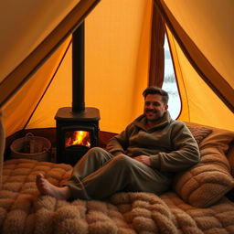 Inside a warm, cozy tent with a wood-burning stove glowing softly, a man comfortably nestled in a plush bed, wearing a soft, stylish sleeping suit