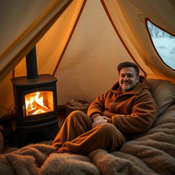 Inside a warm, cozy tent with a wood-burning stove glowing softly, a man comfortably nestled in a plush bed, wearing a soft, stylish sleeping suit