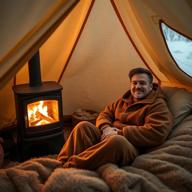 Inside a warm, cozy tent with a wood-burning stove glowing softly, a man comfortably nestled in a plush bed, wearing a soft, stylish sleeping suit