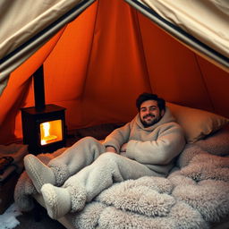Inside a warm, cozy tent with a wood-burning stove glowing softly, a man comfortably nestled in a plush bed, wearing a soft, stylish sleeping suit