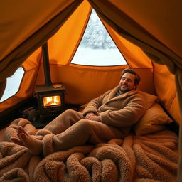 Inside a warm, cozy tent with a wood-burning stove glowing softly, a man comfortably nestled in a plush bed, wearing a soft, stylish sleeping suit
