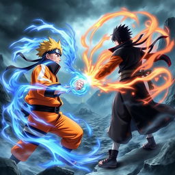 An intense and dynamic scene depicting a battle between Naruto Uzumaki and Sasuke Uchiha, set in a dramatic landscape filled with swirling chakra and energy