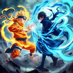 An intense and dynamic scene depicting a battle between Naruto Uzumaki and Sasuke Uchiha, set in a dramatic landscape filled with swirling chakra and energy