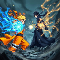 An intense and dynamic scene depicting a battle between Naruto Uzumaki and Sasuke Uchiha, set in a dramatic landscape filled with swirling chakra and energy