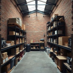 A small warehouse with an industrial design, characterized by its lack of windows, creating a unique and enclosed atmosphere