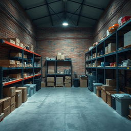 A small warehouse with an industrial design, characterized by its lack of windows, creating a unique and enclosed atmosphere