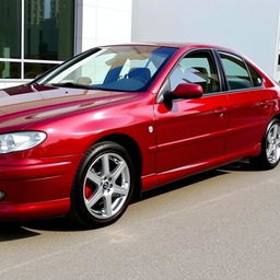 A Peugeot 406 facelift model from 2001, displayed in a striking burgundy red color