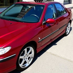 A Peugeot 406 facelift model from 2001, displayed in a striking burgundy red color