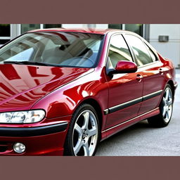 A Peugeot 406 facelift model from 2001, displayed in a striking burgundy red color