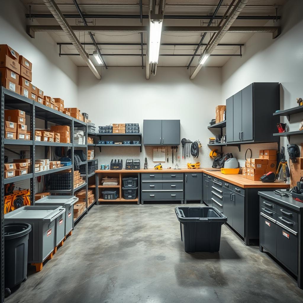 A well-organized storage room featuring a clean and spacious layout, designed for efficiency