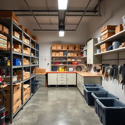 A well-organized storage room featuring a clean and spacious layout, designed for efficiency