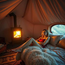 Inside a warm, cozy tent, with a bright burning stove casting a soft glow