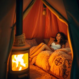 Inside a warm, cozy tent, with a bright burning stove casting a soft glow