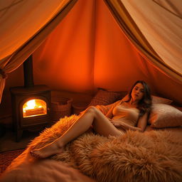 Inside a warm, cozy tent, with a bright burning stove casting a soft glow