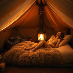 Inside a warm, cozy tent, with a bright burning stove casting a soft glow