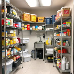A small storage room specifically designed for a cafeteria, featuring an organized and functional layout