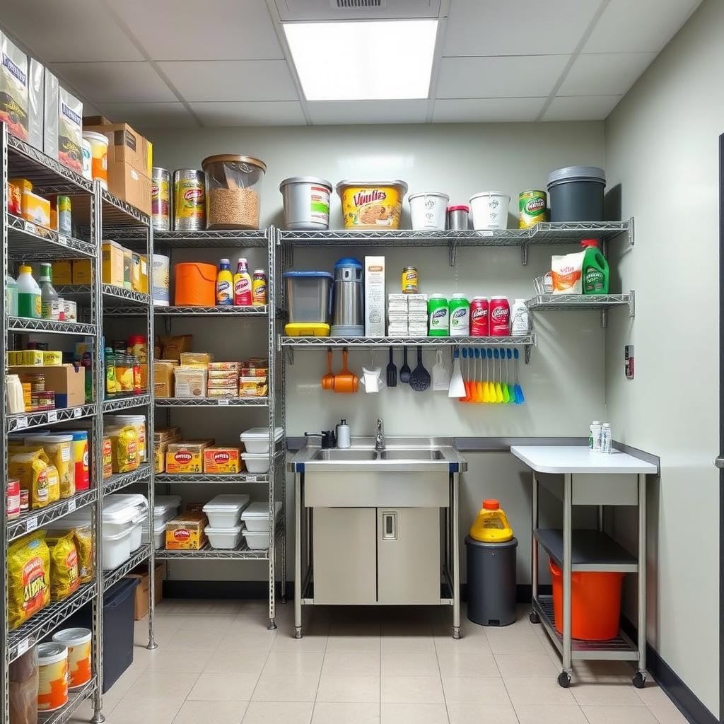 A small storage room specifically designed for a cafeteria, featuring an organized and functional layout