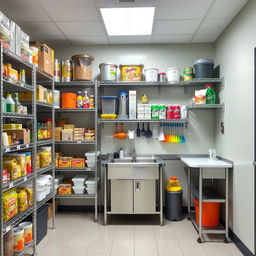 A small storage room specifically designed for a cafeteria, featuring an organized and functional layout