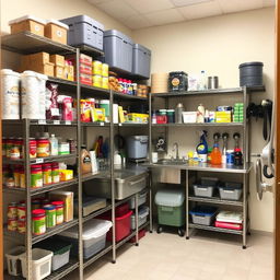 A small storage room specifically designed for a cafeteria, featuring an organized and functional layout