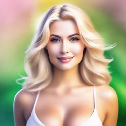 A high-quality digital art image of a naturally beautiful, busty blonde woman