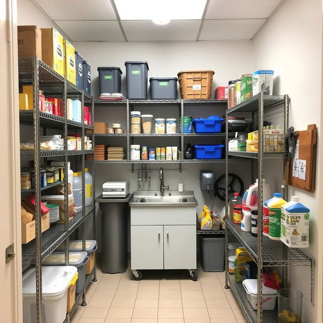 A small storage room specifically designed for a cafeteria, featuring an organized and functional layout