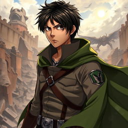 A dynamic and intense portrait of Eren Yeager from Attack on Titan, featuring his determined expression and signature hairstyle
