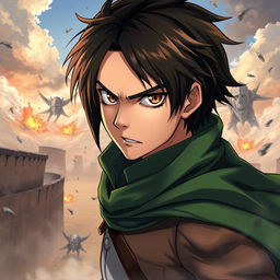 A dynamic and intense portrait of Eren Yeager from Attack on Titan, featuring his determined expression and signature hairstyle