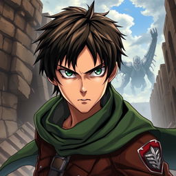 A dynamic and intense portrait of Eren Yeager from Attack on Titan, featuring his determined expression and signature hairstyle