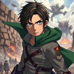 A dynamic and intense portrait of Eren Yeager from Attack on Titan, featuring his determined expression and signature hairstyle