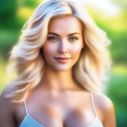 A high-quality digital art image of a naturally beautiful, busty blonde woman