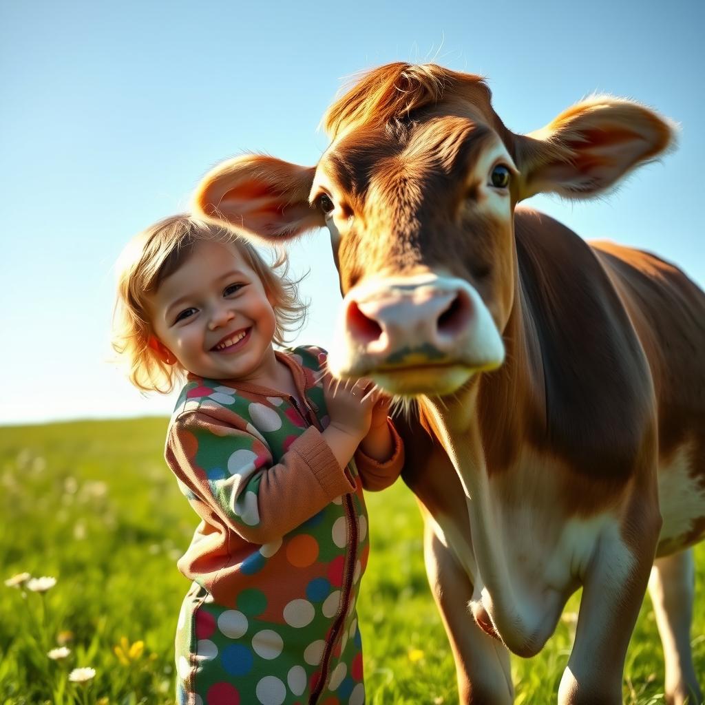 A cheerful child playing joyfully next to a friendly cow in a sunny pastoral setting