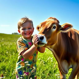A cheerful child playing joyfully next to a friendly cow in a sunny pastoral setting