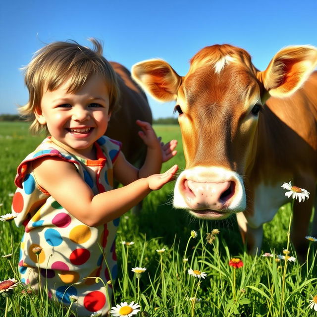 A cheerful child playing joyfully next to a friendly cow in a sunny pastoral setting