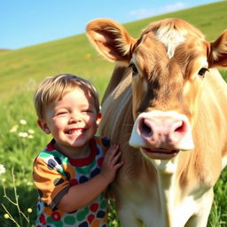 A cheerful child playing joyfully next to a friendly cow in a sunny pastoral setting