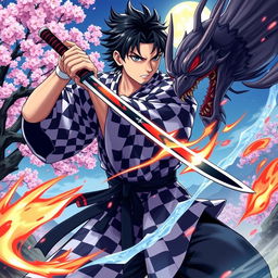A vivid and captivating scene from Demon Slayer, featuring Tanjiro Kamado in his distinct checkered haori and wielding his Nichirin Blade