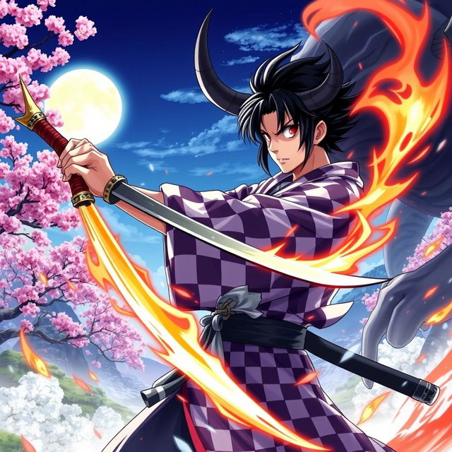 A vivid and captivating scene from Demon Slayer, featuring Tanjiro Kamado in his distinct checkered haori and wielding his Nichirin Blade