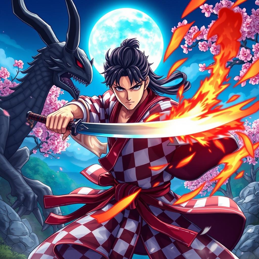 A vivid and captivating scene from Demon Slayer, featuring Tanjiro Kamado in his distinct checkered haori and wielding his Nichirin Blade