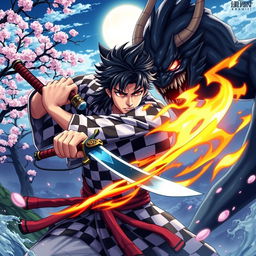 A vivid and captivating scene from Demon Slayer, featuring Tanjiro Kamado in his distinct checkered haori and wielding his Nichirin Blade
