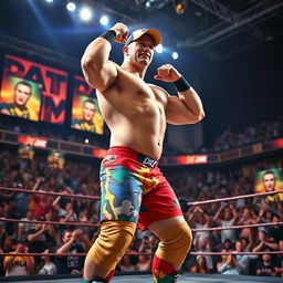 A dynamic action shot of a muscular male wrestler resembling John Cena, wearing a colorful wrestling outfit with a cap and sneakers, in a dramatic wrestling arena filled with excited fans