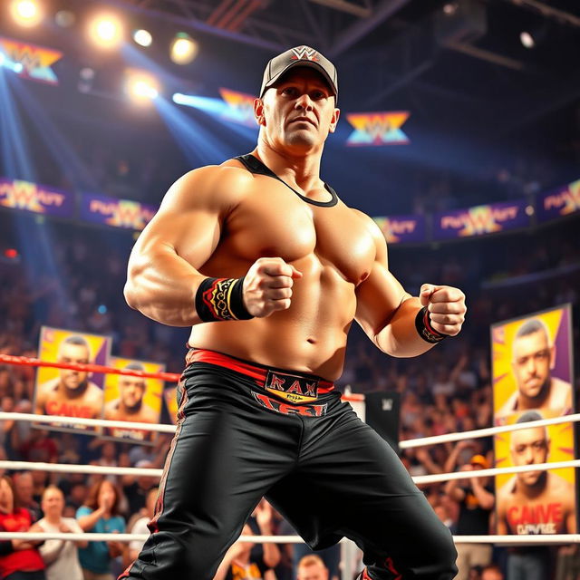 A dynamic action shot of a muscular male wrestler resembling John Cena, wearing a colorful wrestling outfit with a cap and sneakers, in a dramatic wrestling arena filled with excited fans