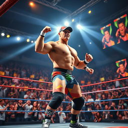 A dynamic action shot of a muscular male wrestler resembling John Cena, wearing a colorful wrestling outfit with a cap and sneakers, in a dramatic wrestling arena filled with excited fans