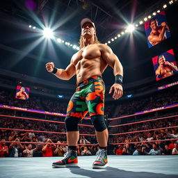 A dynamic action shot of a muscular male wrestler resembling John Cena, wearing a colorful wrestling outfit with a cap and sneakers, in a dramatic wrestling arena filled with excited fans