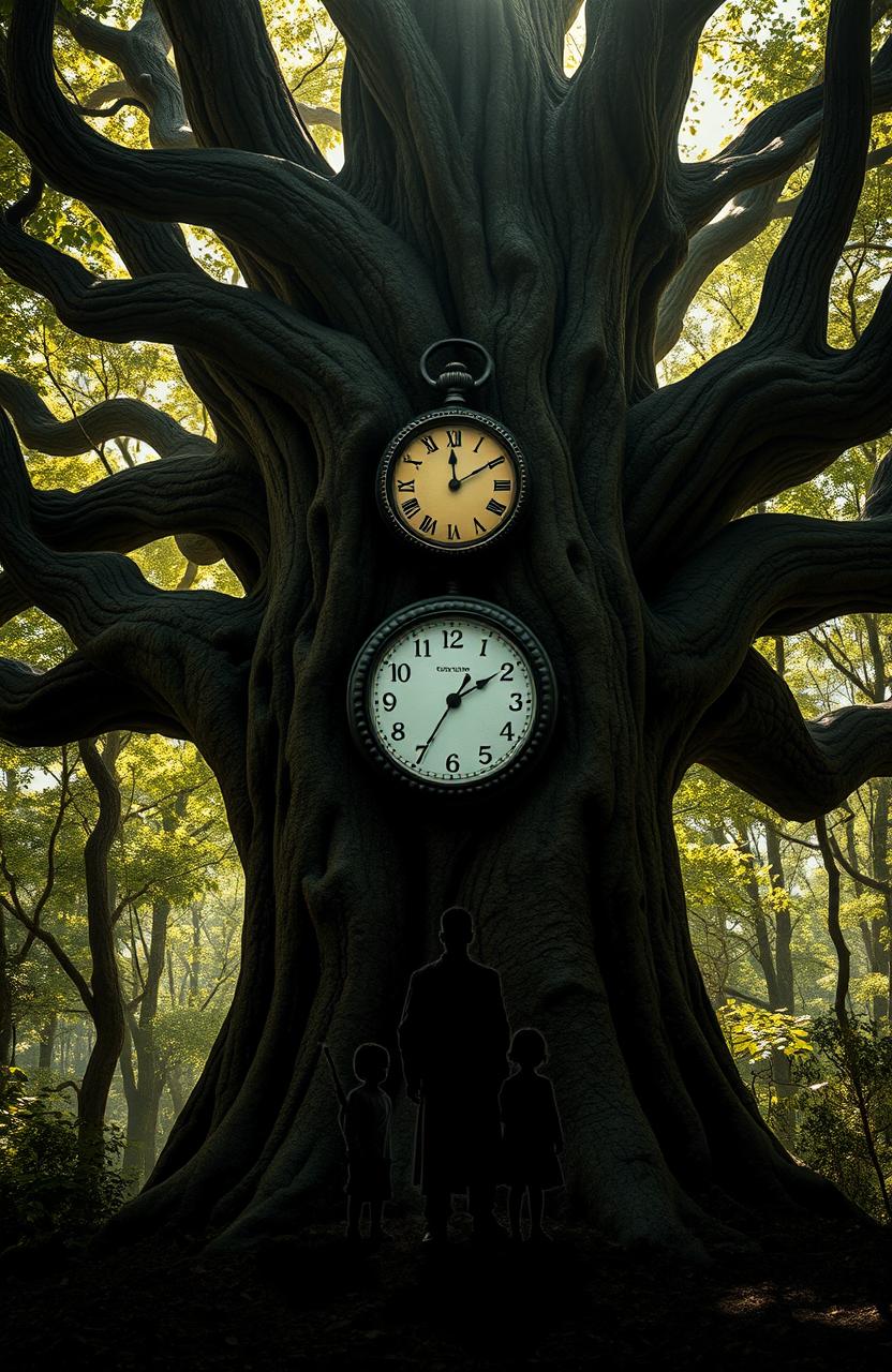 A large, mysterious tree with intricate bark and thick branches, standing majestically in a forest setting