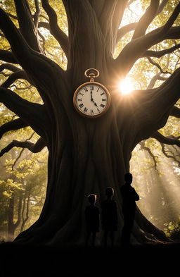 A large, mysterious tree with intricate bark and thick branches, standing majestically in a forest setting