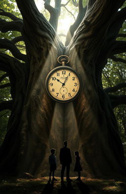 A large, mysterious tree with intricate bark and thick branches, standing majestically in a forest setting