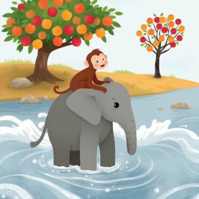 A gray baby elephant is standing in the rushing river, with a brown monkey perched on its back, navigating toward the opposite shore